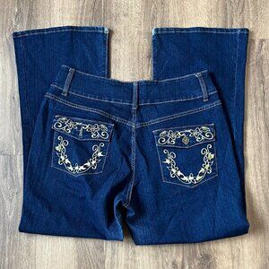 Crest Jeans Dark Wash Gold Embroidered Flap Pocket Jeans Sz 17/18
